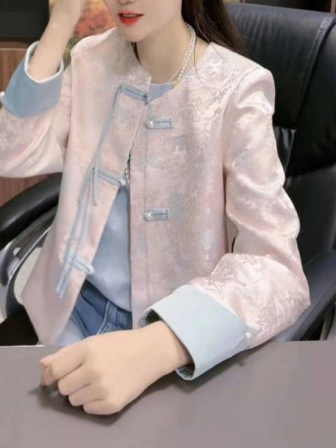 New Chinese-Style Women's Clothing with Printed Contrasting Colors and Buttoned Long-Sleeve Jacket for Women, 2026 Spring, Elegant and Sweet Top