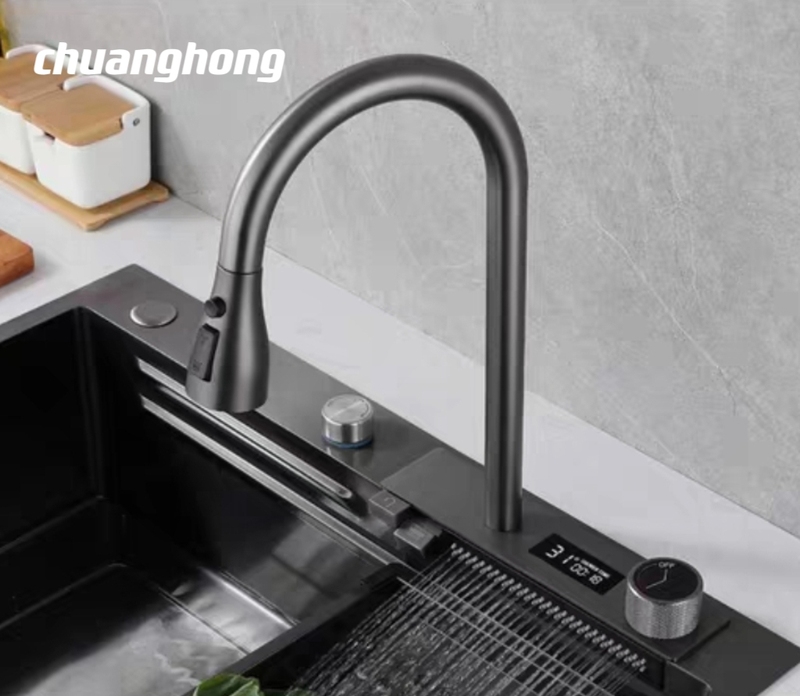 All-Copper Shark Digital Display Rain Shower Faucet for Kitchen Sink, Waterfall Under-Counter Household Large Single-Slot Sink, Dishwashing Sink