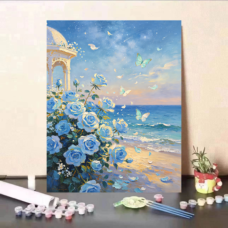 Blue Rose Seascape Butterfly DIY Digital Painting, Self-Painted DIY Boredom-Relief Coloring and Painting for Adults