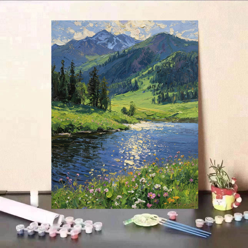 Healing Mountain and River Scenery DIY Digital Painting Handmade Decorative Painting Living Room Dining Room Atmosphere Hanging Painting Coloring Painting