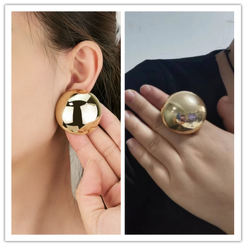 New european and american fashion exaggerated round earrings and rings set metal versatile adjustable rings and earrings for women