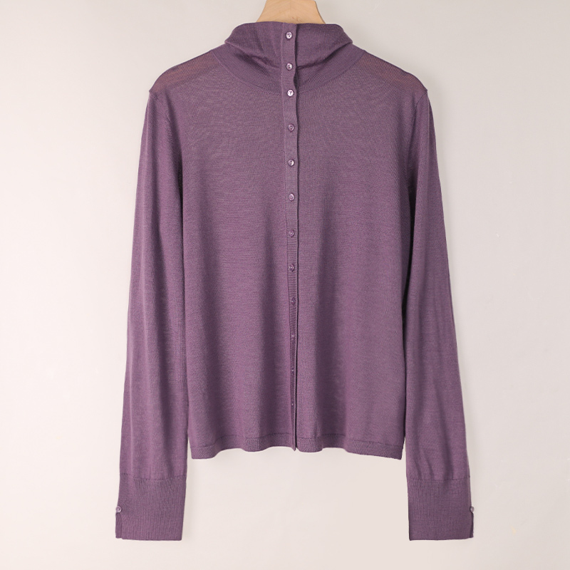 G【Smoky Purple】High-Neck Two-Way Wear Simple Style Casual Loose Long-Sleeve Knit Sweater for Women, Elegant Pullover Top