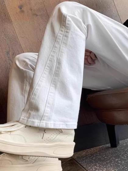 春秋白色微喇牛仔裤男潮牌修身直筒裤子美式高街vibe痞帅休闲长裤