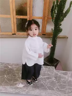 Spring new men's and women's stand-up collar cotton shirt baby retro long-sleeved split cotton and linen shirt top T-shirt