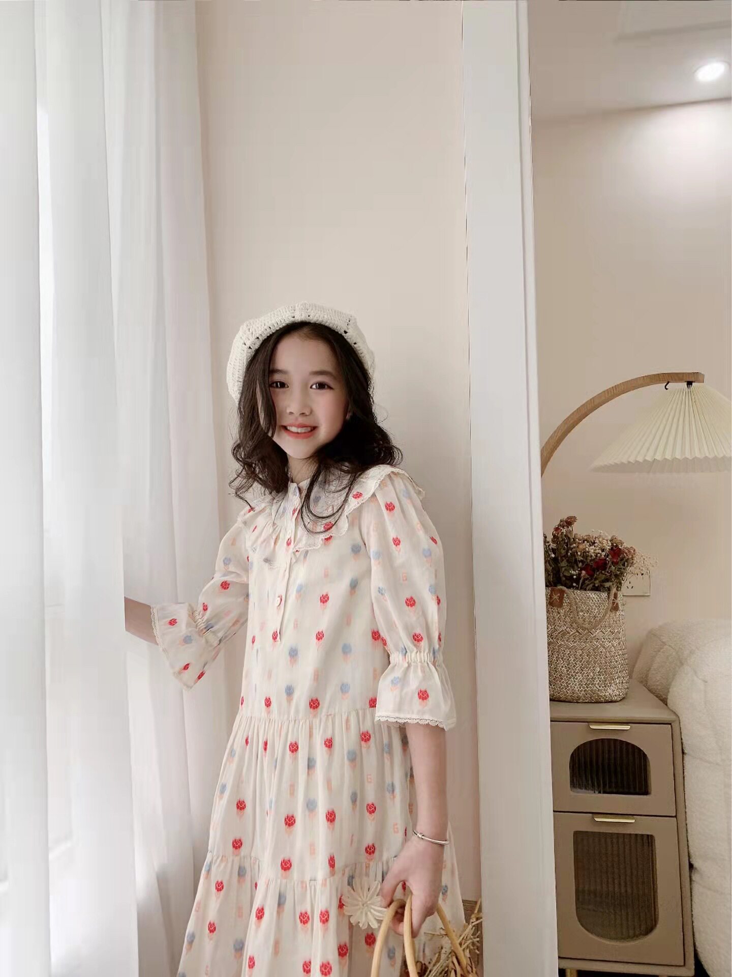 Summer new girls' fashion full body roses small white dress