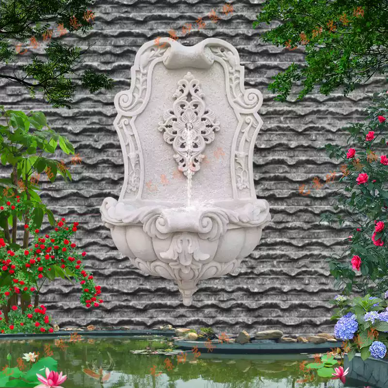 砂岩雕塑欧式壁挂水景花园聚宝盆喷泉法式浮雕喷水流水钵半边花盆
