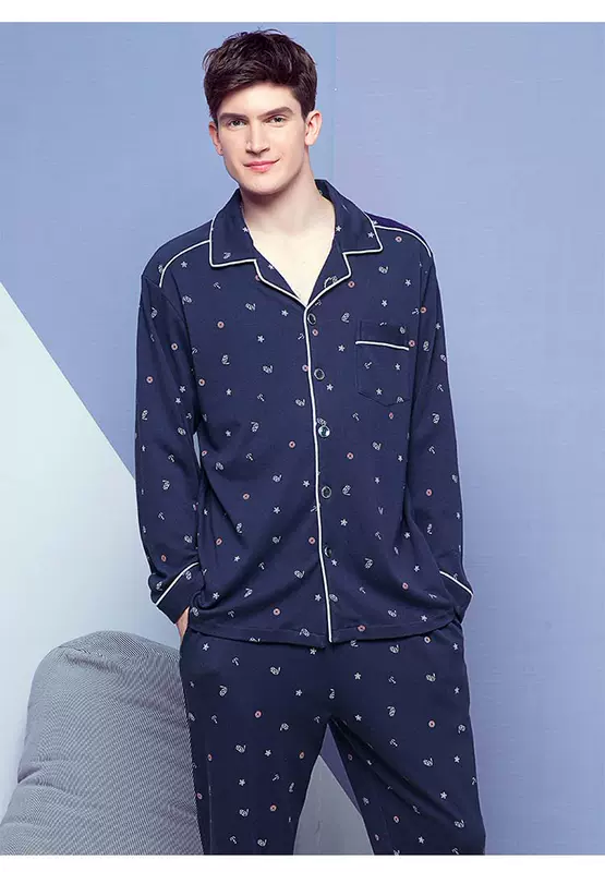 Fen Teng mới mùa xuân và mùa thu đồ ngủ nam cotton dài tay nam cardigan nhà dịch vụ mùa thu cotton kích thước lớn phù hợp với giới trẻ