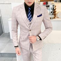 Suit suit men Korean version of slim groom wedding dress handsome British plaid double-breasted small suit three-piece suit
