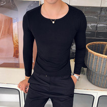 Personality Men Long Sleeve T-shirt Tide Mens Pure Color Sweatshirt Large Round Collar Bottom Long Sleeve T-shirt Pure Color 100 Lap Up Slim Fit