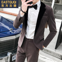 2019 autumn mens golden velvet suit Korean version of self-cultivation youth night social boy suit two-piece suit