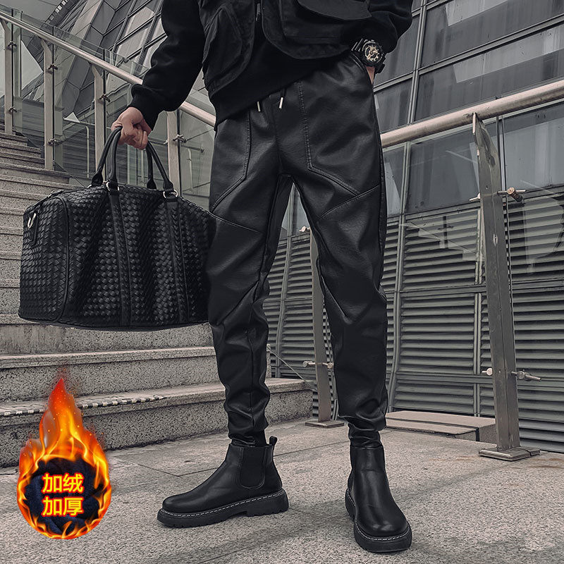 Winter plus suede thickened large size pants men's warm and waterproof locomotive leather pants Harun smoke pipe pants to be thin and uptrend