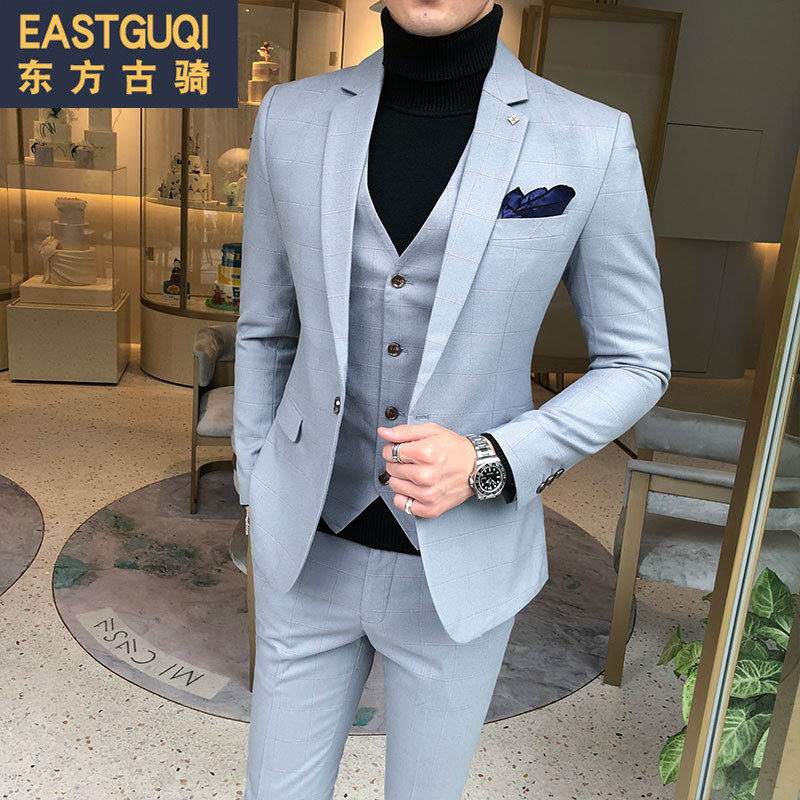 Men's suits suit Korean version of body handsome young Western suit jacket groom bridegroom wedding gown three sets