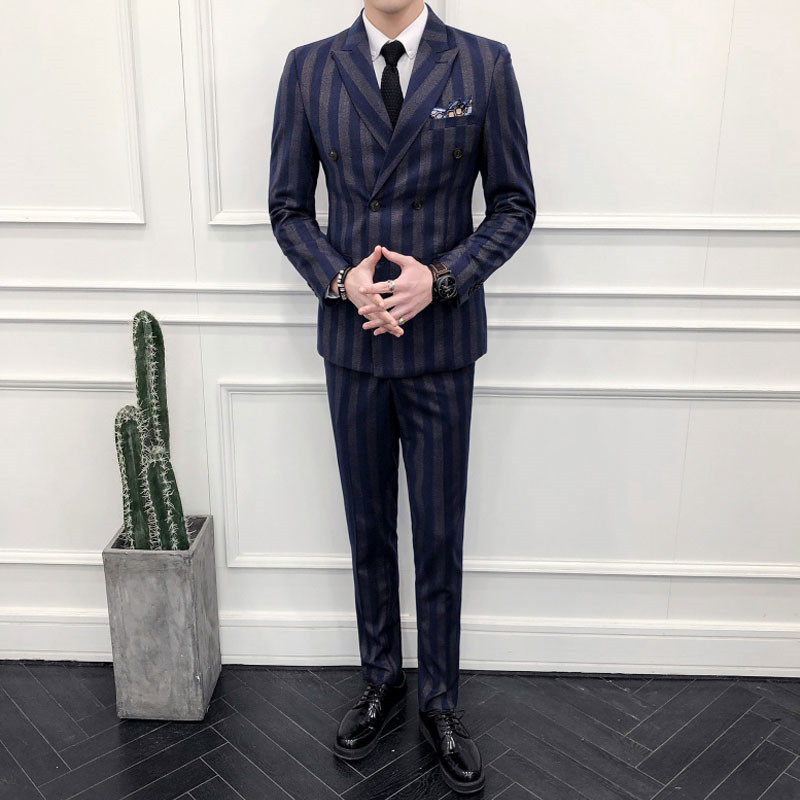 Fall men's suit men's striped double-row buttoned suit suits up for the Korean version of the night field small suit fashion hairstylist