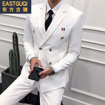 Mens double-breasted suit suit suit groom wedding dress male Korean version of slim hair stylist night suit three-piece suit