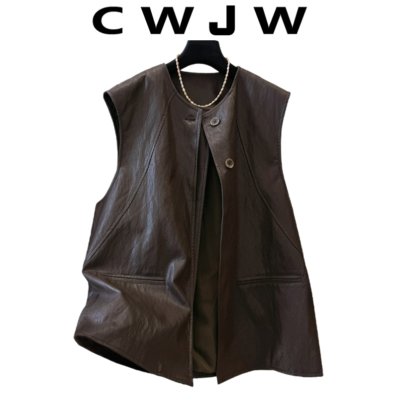 [in Stock] Women's Leather Vest 2026 Spring and Autumn New High-End Design Round Neck Sleeveless Layered Vest Jacket