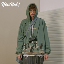 MULT autumn and winter puppet game printing national tide cotton hooded plus velvet loose pullover sweater men and women