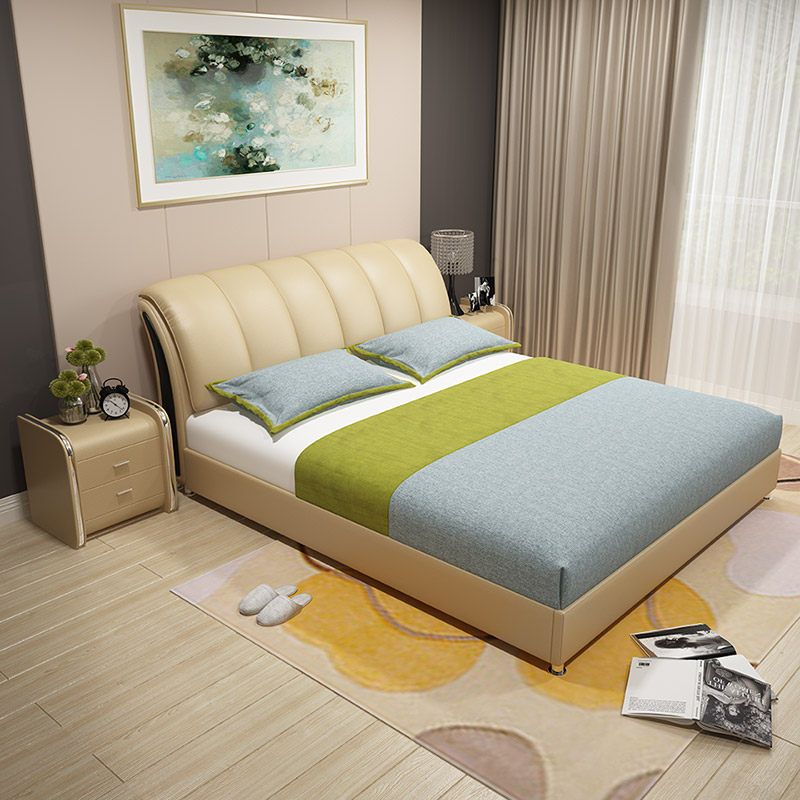 Solid wood leather bed soft bed master bedroom modern minimalist double wedding bed small apartment Nordic minimalist black high box leather bed