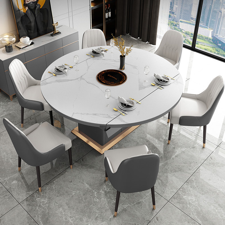 Light luxury rock plate dining table and chair combination small apartment furniture simple luxury with induction cooker function storage retractable dining table