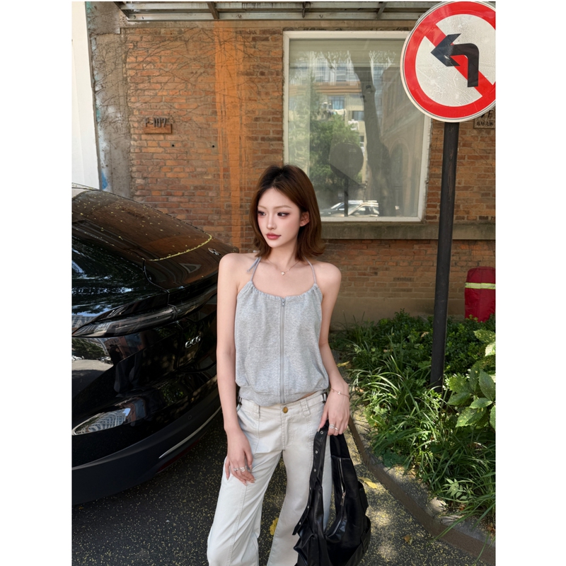 [Tangtangjia] 26 New Summer Style Gray Halter Neck Zipper Sweatshirt Camisole Casual Backless Sleeveless Top