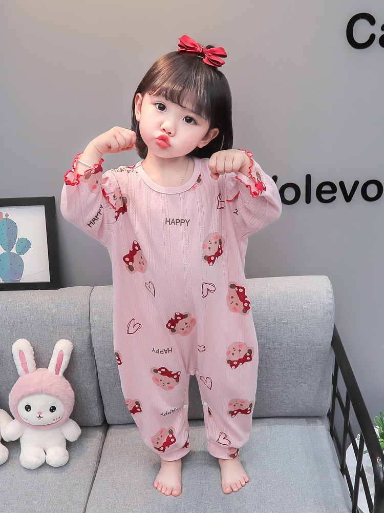 GIRLS ONE-PIECE PAJAMAS SUMMER THIN BABY SMALL BREATHABLE COTTON SLEEPING BAG CHILDRENS SUMMER LONG SLEEVE AIR-CONDITIONED LOUNGEWEAR