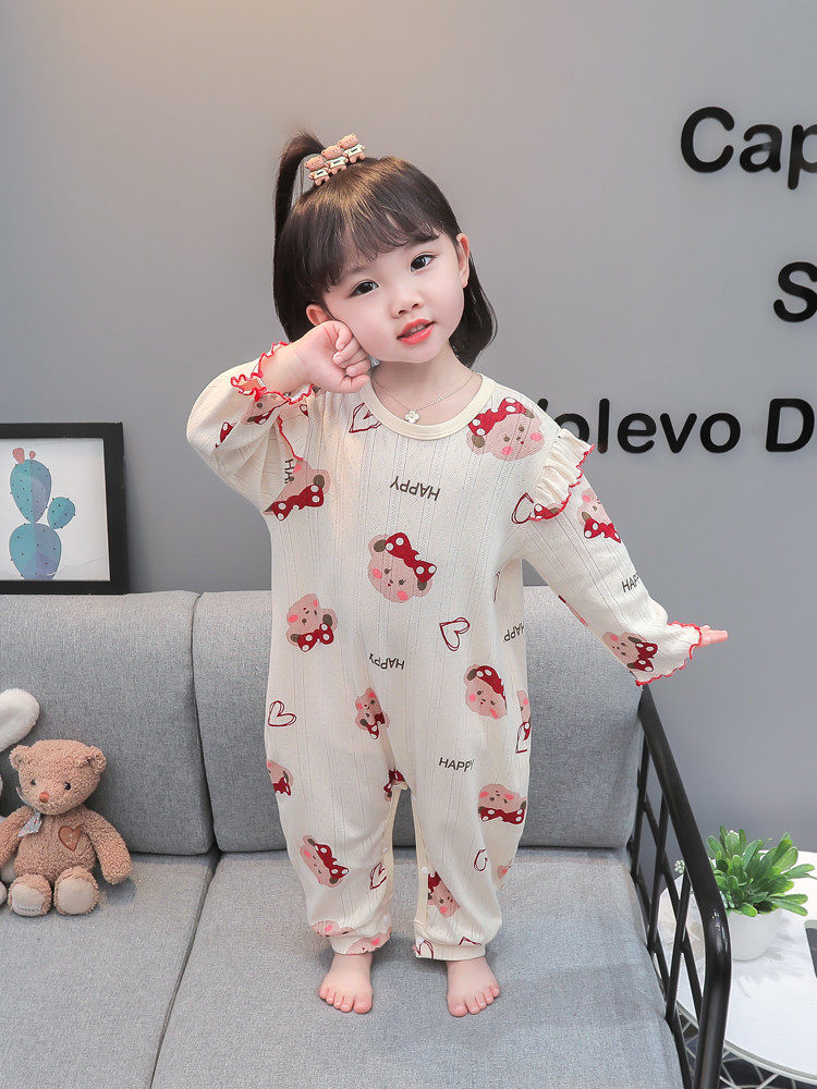 GIRLS ONE-PIECE PAJAMAS SUMMER THIN BABY SMALL BREATHABLE COTTON SLEEPING BAG CHILDRENS SUMMER LONG SLEEVE AIR-CONDITIONED LOUNGEWEAR