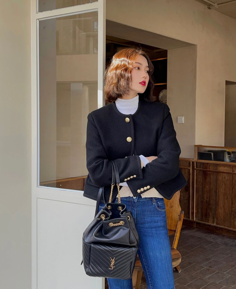 Black down small fragrant wind jacket women 2022 autumn and winter new Korean style wool non-pilling single-breasted jacket