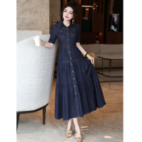 2026 summer simple temperament short-sleeved denim A-line dress with waist and temperament mid-length shirt skirt cake skirt