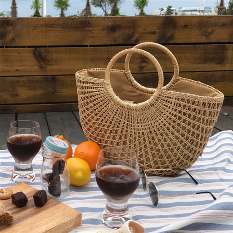 2024 New Straw Woven Bag, Simple Woven Women's Bag, Moon Hollow Summer Beach Tote Bag