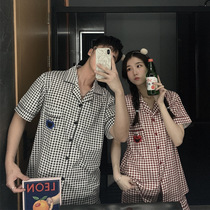 Pajamas for men and women Summer pure cotton short sleeves shorts Korean version lovers Home Clothing Casual Thin and Flap Grid Suit IB