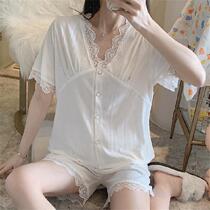 Sleepwear woman 2022 New summer slim cut pure cotton short sleeve shorts lace lace big code looser home to IB