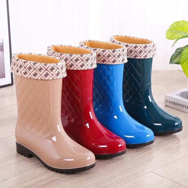 New mid-tube plus velvet rain boots, rain boots, waterproof shoes, rubber shoes, overshoes, water boots, women's fashionable adult non-slip high tube rain boots