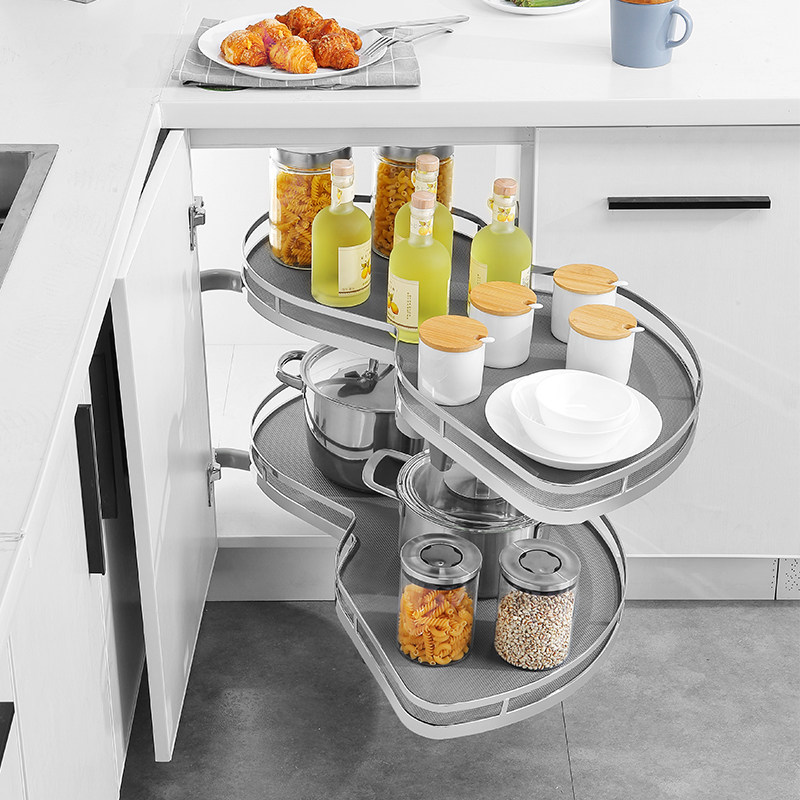 Corner pull basket multi-functional stainless steel kitchen cabinet to house double-deck monster flying saucer damping
