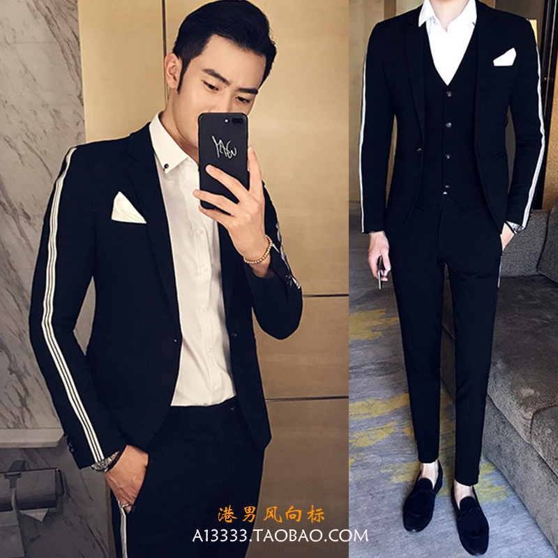 秋冬韩版修身发型师小西装男青年条纹时尚英伦夜店西服套装三件套