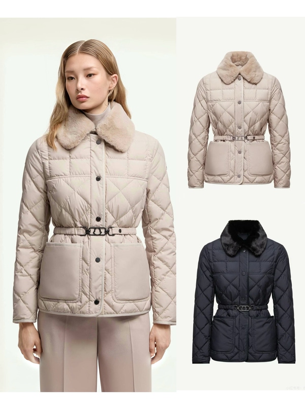 M Brand 90% White Goose down Metal Buckle Belt Short Fur Collar down Jacket Quilted Elegant Waist-Cinching Coat for Women