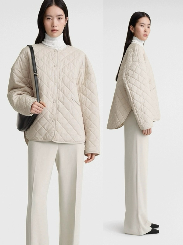 Tt*Me Pebble-Colored Spring and Autumn Thin Quilted Cotton Jacket, Loose Round-Neck Quilted Silhouette Jacket