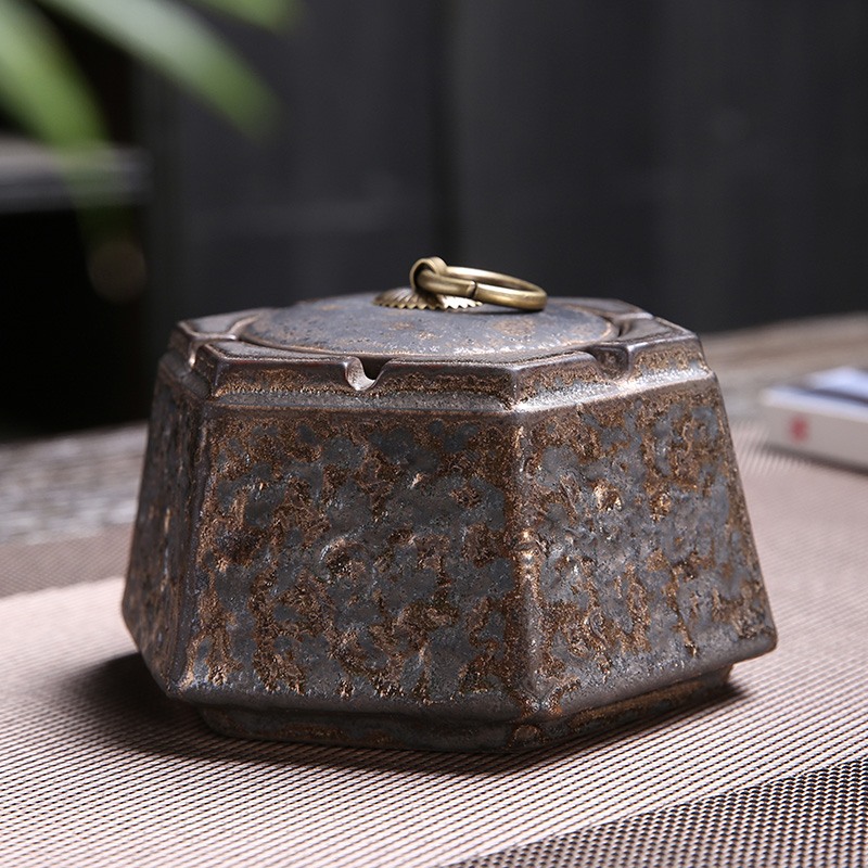 Gold rust glaze with lid ashtray household creative retro-fly ash ashtray living room gift