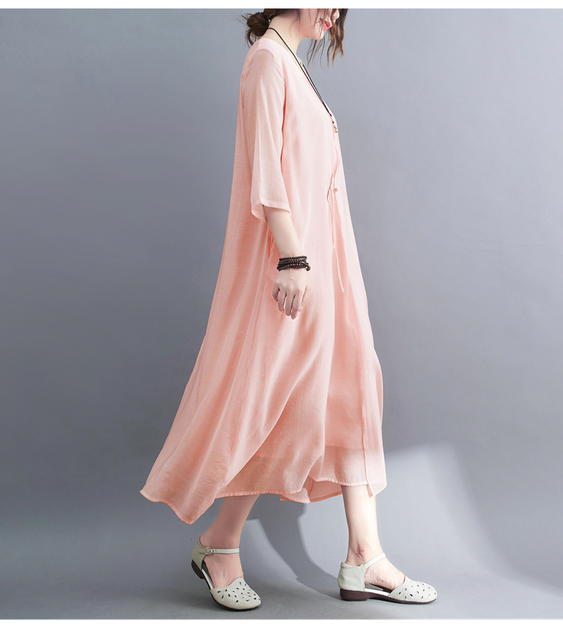 2022 Real-shot In-stock Vintage Artistic Elegant Cotton-linen Cool Round-neck Three-quarter Sleeve Zen-style Robe Dress_ecoleips.com