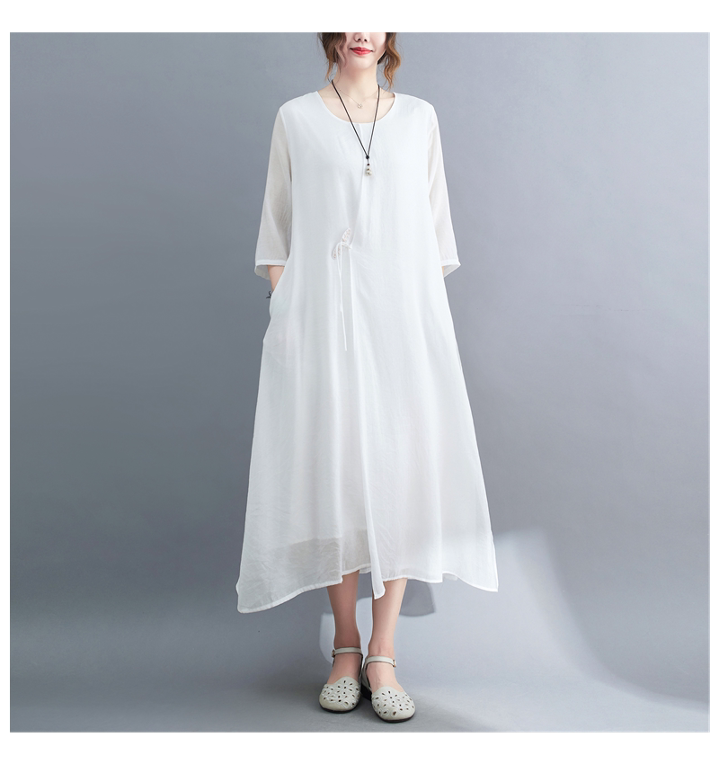 2022 Real-shot In-stock Vintage Artistic Elegant Cotton-linen Cool Round-neck Three-quarter Sleeve Zen-style Robe Dress_ecoleips.com
