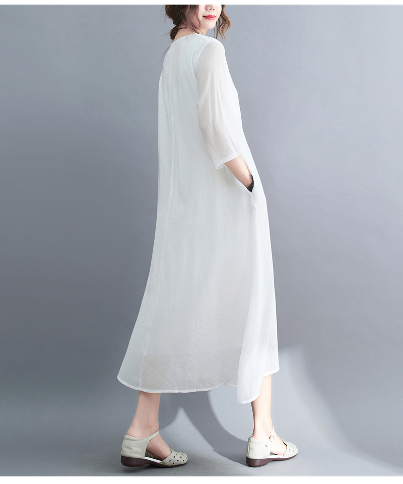 2022 Real-shot In-stock Vintage Artistic Elegant Cotton-linen Cool Round-neck Three-quarter Sleeve Zen-style Robe Dress_ecoleips.com
