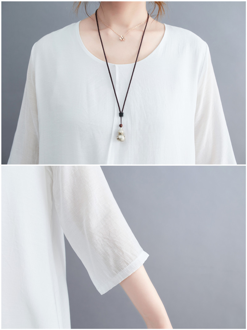 2022 Real-shot In-stock Vintage Artistic Elegant Cotton-linen Cool Round-neck Three-quarter Sleeve Zen-style Robe Dress_ecoleips.com