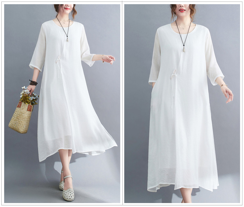 2022 Real-shot In-stock Vintage Artistic Elegant Cotton-linen Cool Round-neck Three-quarter Sleeve Zen-style Robe Dress_ecoleips.com
