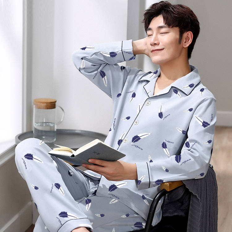 Pajamas men's long sleeve cotton spring and autumn winter men's bathrobe cotton thin young middle-aged summer home clothing set