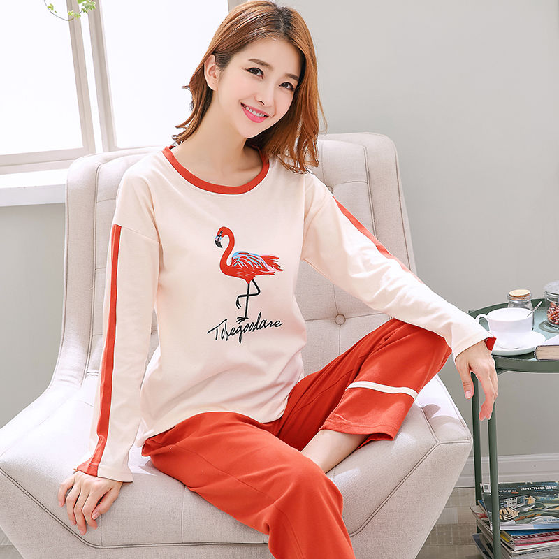 Cotton pajamas women's summer pure cotton long-sleeved Korean students cute spring and autumn home clothes loose and can be worn outside thin suit