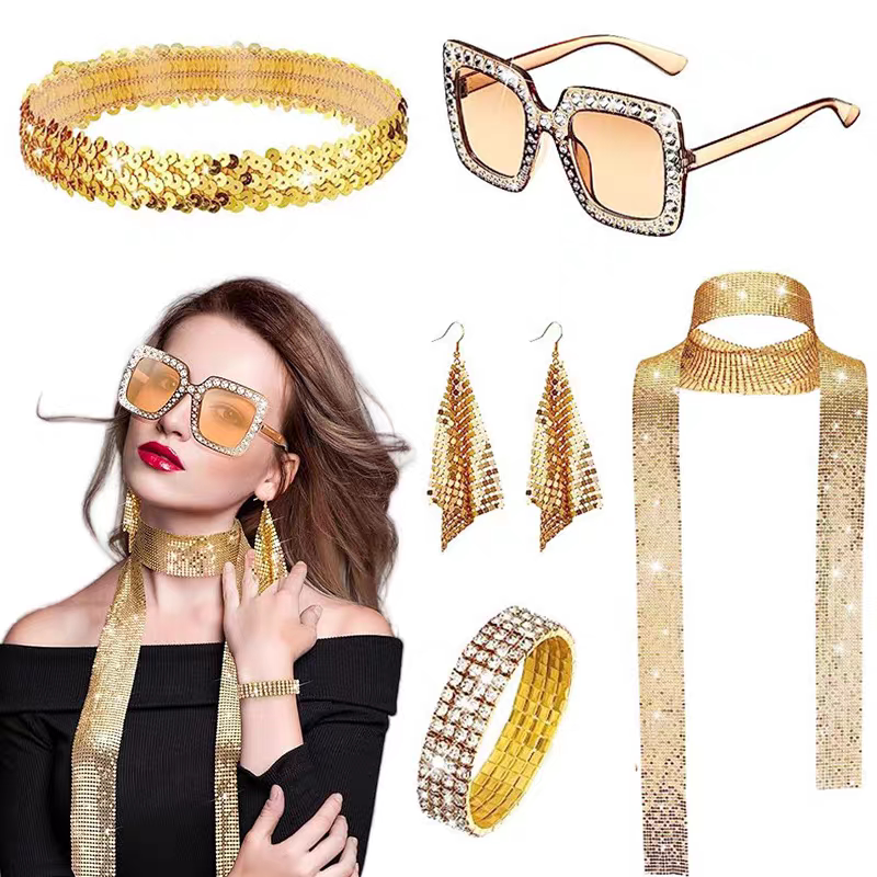 70S Disco Accessories Women's Clothing Jewelry Disco Earrings Sequin Scarf Sunglasses Diamond Bracelet