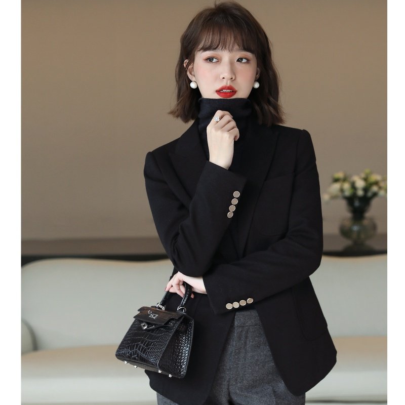 Black Suit Jacket Woman Spring Autumn 2022 New Fall Casual Superior Sense Temperament Wool Small West Suit Blouse