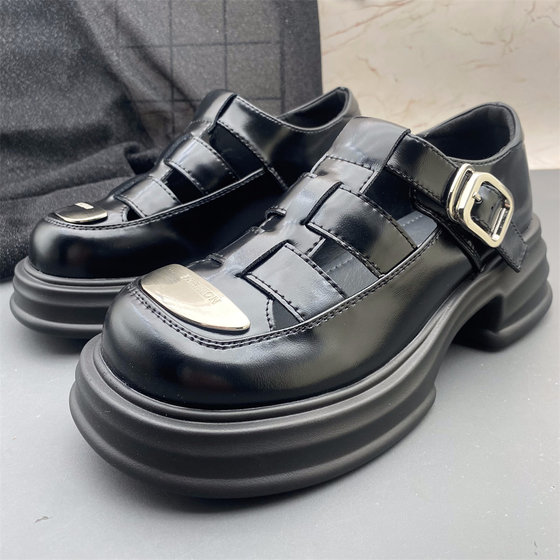 牛皮真皮罗马凉鞋女 包头镂空猪笼鞋新款学院风jk扣带轻便休闲鞋