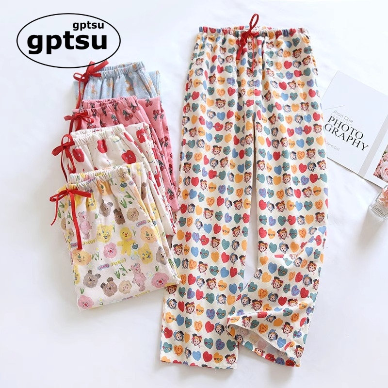 Japanese Gp Pure Cotton Cute Cartoon Pajama Pants for Women, Spring and Autumn Long Pants, Japanese Style Brushed Wide-Leg Pants, Summer Thin Home Pants