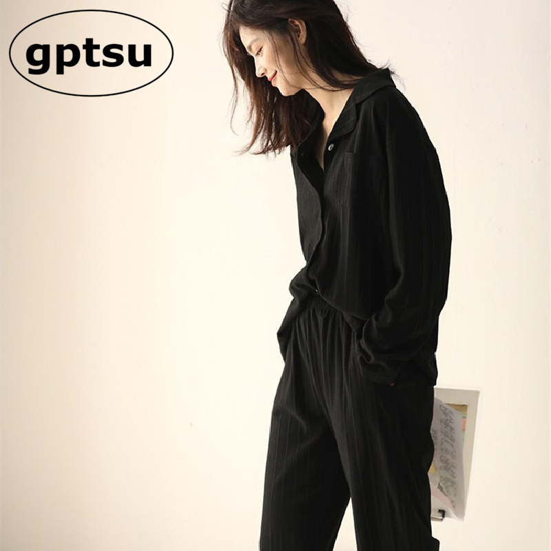 Japanese Gp Pajamas for Women, Black Pure Cotton, Long-Sleeved, Large Size, Loose Fit, Suitable for Spring and Autumn, High-End Feel, Can Be Worn Outside, Loungewear Set