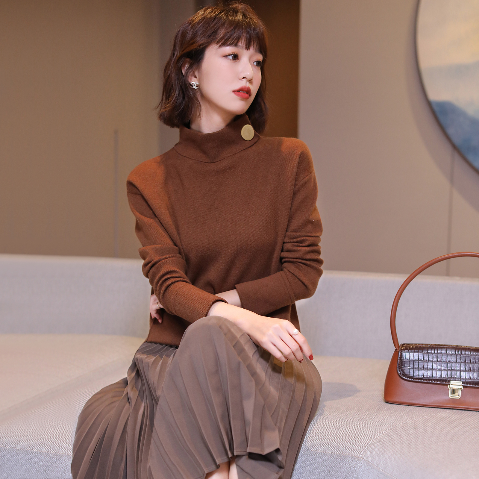 FENPERATE 2022 spring autumn season new curry half-height collar with slim commuter wool women's clothing