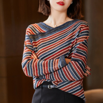 Retro elegant v-neck sweater 2021 autumn new color slim slim shiny striped sweater women